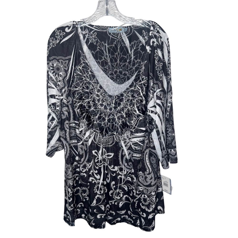 Unity World Wear Henna Print Tunic‎ Top Black White 3X  V-Neck 3/4 Sleeve Boho